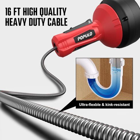 POPULO Drain Auger, Auto Feed Plumbing Snake Clog Remover for Unclog Sink Drain 3/4"-2" Pipe, 16 Ft Snake Hair Drain Clog Remover Cleaner Tools Manually or Powered for Shower, Bathtub, Kitchen, Sink in Saudi Arabia