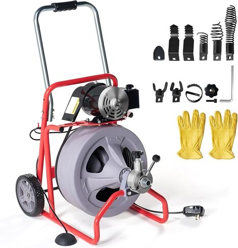 ألبوت آلة تنظيف الصرف الكهربائية بطول 100 قدم × 3/8 بوصة مع تغذية تلقائية و9 قواطع، أوجير ثعبان الصرف الصحي لأنابيب 1-4 بوصة، ومفتاح القدم والعجلات، مثالية للاستخدام المنزلي والتجاري، رمادي/أحمر in Kuwait