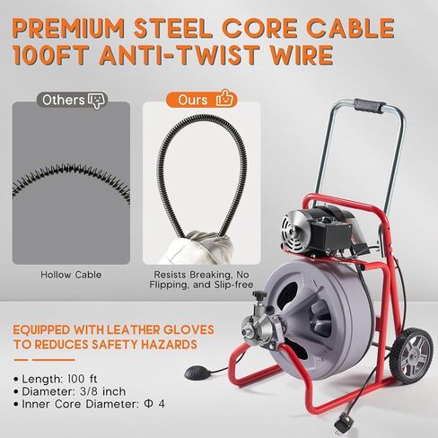 ألبوت آلة تنظيف الصرف الكهربائية بطول 100 قدم × 3/8 بوصة مع تغذية تلقائية و9 قواطع، أوجير ثعبان الصرف الصحي لأنابيب 1-4 بوصة، ومفتاح القدم والعجلات، مثالية للاستخدام المنزلي والتجاري، رمادي/أحمر in Kuwait