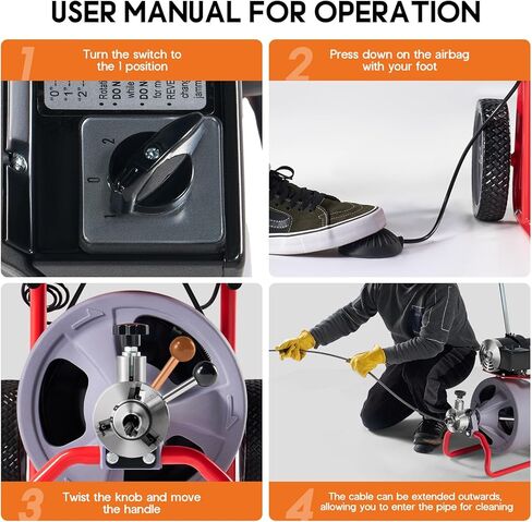 ألبوت آلة تنظيف الصرف الكهربائية بطول 100 قدم × 3/8 بوصة مع تغذية تلقائية و9 قواطع، أوجير ثعبان الصرف الصحي لأنابيب 1-4 بوصة، ومفتاح القدم والعجلات، مثالية للاستخدام المنزلي والتجاري، رمادي/أحمر in Kuwait