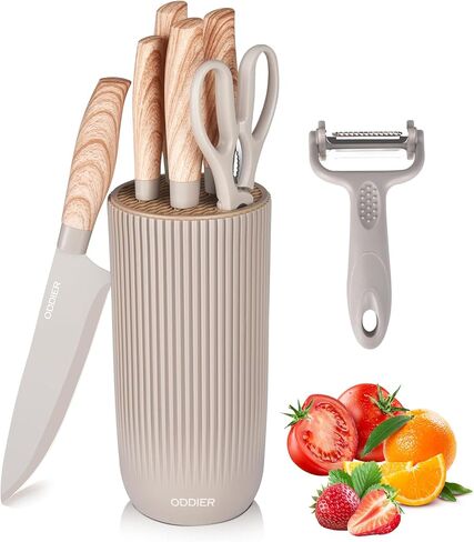 Knife Set, 8 Piece Kitchen Knife Set, Stainless Steel Knives Set for Kitchen, Universal Knife Block Set, Kitchen Kinfe Essentials, New Home Apartment Essentials, Dishwasher Safe (Khaki) in Kuwait