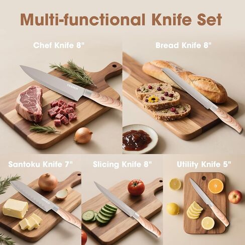 Knife Set, 8 Piece Kitchen Knife Set, Stainless Steel Knives Set for Kitchen, Universal Knife Block Set, Kitchen Kinfe Essentials, New Home Apartment Essentials, Dishwasher Safe (Khaki) in Kuwait