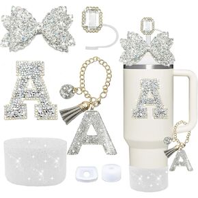 7PCS Silver Stanley Cup Accessories Set,Initials Decorations for Stanley Cup 30oz/40oz,Includes Jewel Straw Topper,Spill Proof Stopper,Handle Charm,Silicone Boot,Letter Sticker,Bow(Letter) (Silver P) in Saudi Arabia