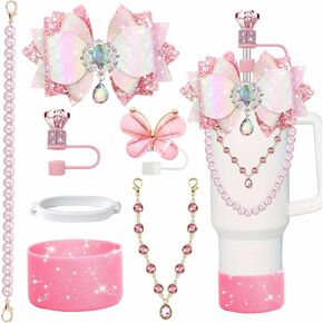 Diamond Bling Accessories for Stanley Cup 40oz 30oz 24oz Tumbler, Including Big Bow Crystal Charm & Pearl Handle Strap, Silicone Boot, Straw Covers, Gifts for Women (Purple Plum) in Saudi Arabia