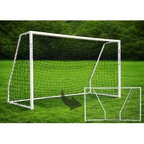 مرمى كرة قدم فولاذي قابل للطي - إطار مفصلي مسطح لسهولة التخزين، نظام شبكي سريع المشبك مثبت مسبقًا وشبكة HDPE سوداء. مقاسات متعددة (7×5، 10×6، 12×6، 16×7، 18×7) in Kuwait