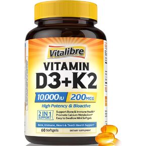 مكمل Vitalibre Vitamin D3 K2، 10000 IU D3 / 200 ميكروجرام K2 MK7، امتصاص الكالسيوم، دعم العظام والقلب والمناعة والمزاج، امتصاص معزز، بدون فول الصويا، سهل البلع، 90 كبسولة هلامية in Saudi Arabia