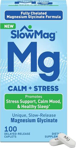SlowMag Magnesium Glycinate Caplets, 100 Count, Slow-Release, Calm & Stress Support, Healthy Sleep, Gentle on Stomach, Magnesium Glycinate Supplements for Women & Men in Saudi Arabia