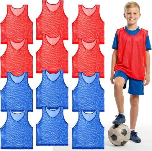 RAINFLOW Youth Soccer Pinnies - Set of 12 Pennies for Sports Youth Practice Jersey Scrimmage Vests Football Basketball Mesh Training Vest Set, Kids Team Jerseys 6 Blue 6 Red for School Practice in Saudi Arabia