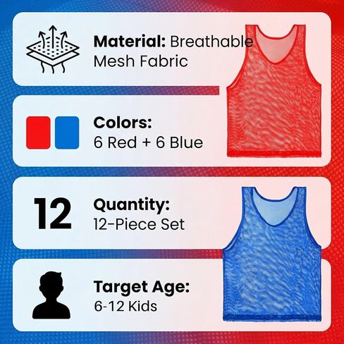 RAINFLOW Youth Soccer Pinnies - Set of 12 Pennies for Sports Youth Practice Jersey Scrimmage Vests Football Basketball Mesh Training Vest Set, Kids Team Jerseys 6 Blue 6 Red for School Practice in Saudi Arabia