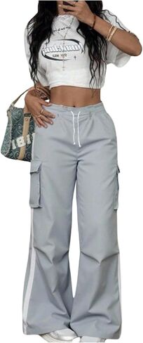 OYOANGLE Girl's Baggy Cargo Pants Drawstring Waist Flap Pocket Ruched Y2K Side Striped Track Pants in Saudi Arabia