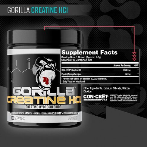 Gorilla Mind CON-CRĒT® Creatine HCl W/Pepsin, Unflavored | GI-Friendly Alternative | Muscle Size, Power Output, Strength, Brain Health & Performance | Convenient 2.5 Grams per Serving, 100 Servings in Saudi Arabia