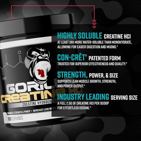 Gorilla Mind CON-CRĒT® Creatine HCl W/Pepsin, Unflavored | GI-Friendly Alternative | Muscle Size, Power Output, Strength, Brain Health & Performance | Convenient 2.5 Grams per Serving, 100 Servings in Saudi Arabia
