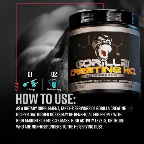 Gorilla Mind CON-CRĒT® Creatine HCl W/Pepsin, Unflavored | GI-Friendly Alternative | Muscle Size, Power Output, Strength, Brain Health & Performance | Convenient 2.5 Grams per Serving, 100 Servings in Saudi Arabia