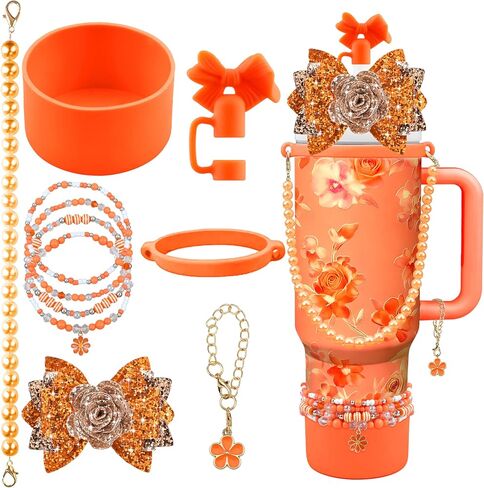 10PCS Accessories for Stanley Cup 40oz&30oz Tumbler Accessories Including Bow Straw Topper Cover Stanley Boot Pearl Water Bottle Handle Strap Bracelet Y2K Bow Flower Charms Pedant in Saudi Arabia