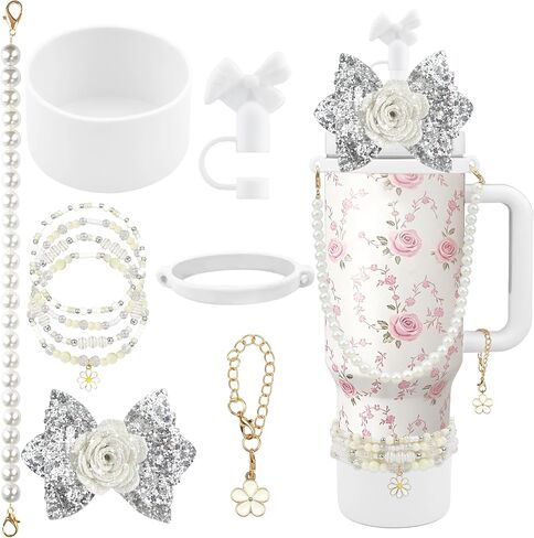 10PCS Accessories for Stanley Cup 40oz&30oz Tumbler Accessories Including Bow Straw Topper Cover Stanley Boot Pearl Water Bottle Handle Strap Bracelet Y2K Bow Flower Charms Pedant in Saudi Arabia