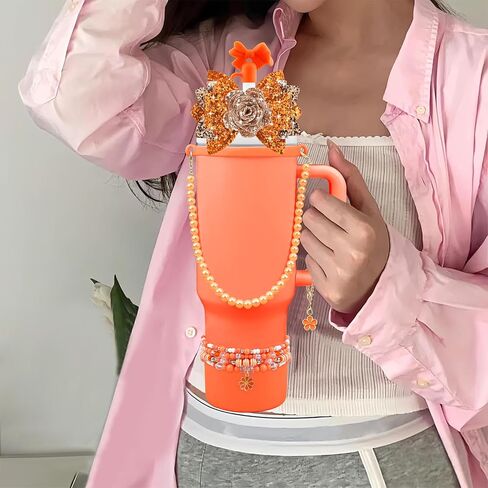 10PCS Accessories for Stanley Cup 40oz&30oz Tumbler Accessories Including Bow Straw Topper Cover Stanley Boot Pearl Water Bottle Handle Strap Bracelet Y2K Bow Flower Charms Pedant in Saudi Arabia
