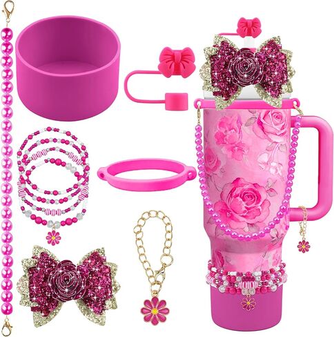 10PCS Accessories for Stanley Cup 40oz&30oz Tumbler Accessories Including Bow Straw Topper Cover Stanley Boot Pearl Water Bottle Handle Strap Bracelet Y2K Bow Flower Charms Pedant in Saudi Arabia