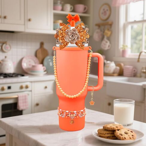10PCS Accessories for Stanley Cup 40oz&30oz Tumbler Accessories Including Bow Straw Topper Cover Stanley Boot Pearl Water Bottle Handle Strap Bracelet Y2K Bow Flower Charms Pedant in Saudi Arabia