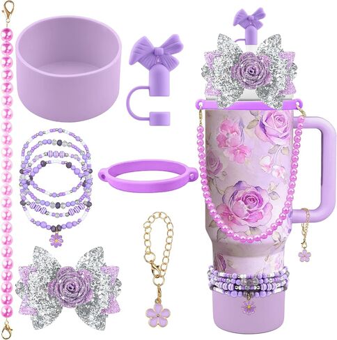 10PCS Accessories for Stanley Cup 40oz&30oz Tumbler Accessories Including Bow Straw Topper Cover Stanley Boot Pearl Water Bottle Handle Strap Bracelet Y2K Bow Flower Charms Pedant in Saudi Arabia