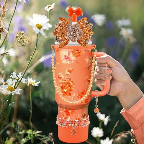 10PCS Accessories for Stanley Cup 40oz&30oz Tumbler Accessories Including Bow Straw Topper Cover Stanley Boot Pearl Water Bottle Handle Strap Bracelet Y2K Bow Flower Charms Pedant in Saudi Arabia