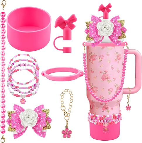 10PCS Accessories for Stanley Cup 40oz&30oz Tumbler Accessories Including Bow Straw Topper Cover Stanley Boot Pearl Water Bottle Handle Strap Bracelet Y2K Bow Flower Charms Pedant in Saudi Arabia
