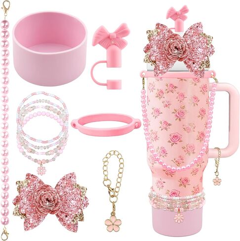 10PCS Accessories for Stanley Cup 40oz&30oz Tumbler Accessories Including Bow Straw Topper Cover Stanley Boot Pearl Water Bottle Handle Strap Bracelet Y2K Bow Flower Charms Pedant in Saudi Arabia