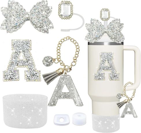 7PCS Silver Stanley Cup Accessories Set,Initials Decorations for Stanley Cup 30oz/40oz,Includes Jewel Straw Topper,Spill Proof Stopper,Handle Charm,Silicone Boot,Letter Sticker,Bow(Letter) (Silver P) in Saudi Arabia