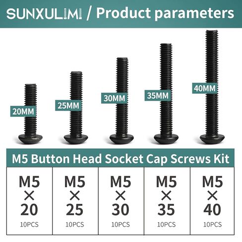 SUNXULIMI M5 x 20/25/30/35/40mm Button Head Socket Screws M5 Bolts, 10.9 Grade Alloy Steel, Bright Finish, Metric Allen Hex Drive, Fully Threaded, 50PCS in Saudi Arabia