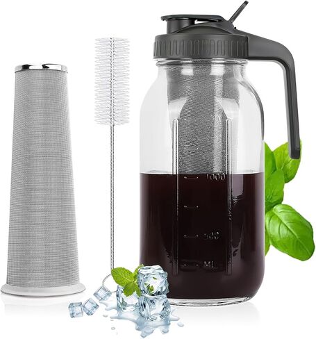 Cold Brew Coffee Maker, Mason Jar Pitcher with Stainless Steel Filter & Pour Spout Handle Lid,&Heavy Duty Glass for Iced Coffee & Tea -64 Oz（2 Quart） Black in Saudi Arabia
