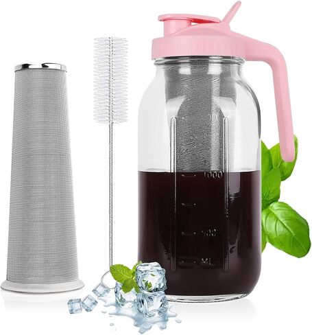 Cold Brew Coffee Maker, Mason Jar Pitcher with Stainless Steel Filter & Pour Spout Handle Lid,&Heavy Duty Glass for Iced Coffee & Tea -64 Oz（2 Quart） Black in Saudi Arabia