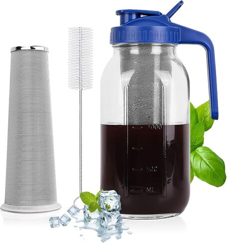 Cold Brew Coffee Maker, Mason Jar Pitcher with Stainless Steel Filter & Pour Spout Handle Lid,&Heavy Duty Glass for Iced Coffee & Tea -64 Oz（2 Quart） Black in Saudi Arabia