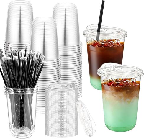 100 Set 16oz Clear Plastic Cups with Sip Lids and Straws,Disposable iced coffee cups with lids for Cold Drinks,Smoothies, Juices,Round Bottom To Go Coffee Cups for Party,Picnic (16, ounces) in Kuwait