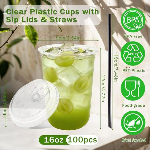 100 Set 16oz Clear Plastic Cups with Sip Lids and Straws,Disposable iced coffee cups with lids for Cold Drinks,Smoothies, Juices,Round Bottom To Go Coffee Cups for Party,Picnic (16, ounces) in Saudi Arabia