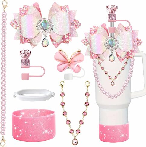 Diamond Bling Accessories for Stanley Cup 40oz 30oz 24oz Tumbler, Including Big Bow Crystal Charm & Pearl Handle Strap, Silicone Boot, Straw Covers, Gifts for Women (Purple Plum) in Saudi Arabia