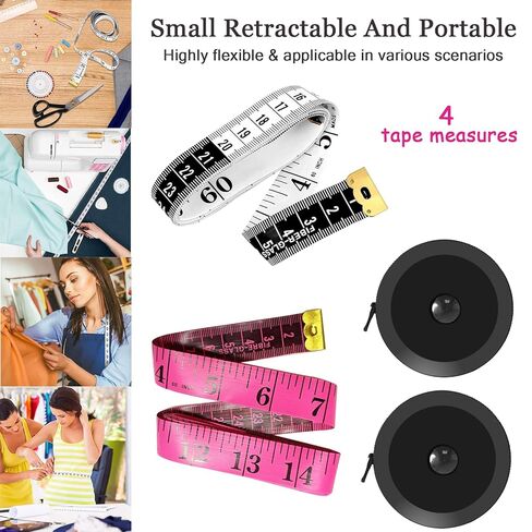 4 Pack Tape Measure Set, Soft Measuring Tape for Body Sewing Tailor Craft, Flexible Vinyl Fabric Ruler & Retractable Black Measuring Tape for Weight Loss, Crafting, Knitting & Home Measurements in Saudi Arabia