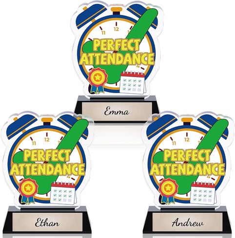 MTLEE 3 Pack Perfect Attendance Trophy, 5" Acrylic Perfect Attendance Award with DIY Stickers & Gold Writable Base for Classroom Recognition, End of Year School Ceremony, Student Achievement Gifts in Saudi Arabia