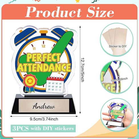 MTLEE 3 Pack Perfect Attendance Trophy, 5" Acrylic Perfect Attendance Award with DIY Stickers & Gold Writable Base for Classroom Recognition, End of Year School Ceremony, Student Achievement Gifts in Saudi Arabia