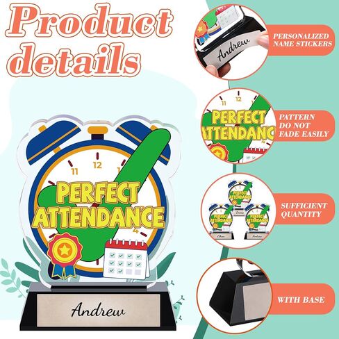 MTLEE 3 Pack Perfect Attendance Trophy, 5" Acrylic Perfect Attendance Award with DIY Stickers & Gold Writable Base for Classroom Recognition, End of Year School Ceremony, Student Achievement Gifts in Saudi Arabia