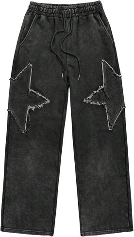 VIPWOLF Men's Baggy Pants Y2K Distressed Star Raw Trim Grunge Trousers Wide Straight Leg Track Pants Drippy Streetwear in Saudi Arabia