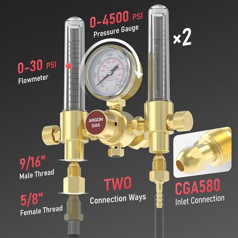 YESWELDER Dual Output Argon Regulator Flow Meter Mig Tig, 0-4500PSI, CGA580 Inlet Connection in Saudi Arabia