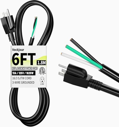 سلك طاقة وأداة طاقة بطول 6 أقدام 14/3 من Vockjour، سلك طاقة بديل أسود شديد التحمل 14 AWG 3 مع طرف مفتوح، NEMA 5-15P، 125 فولت تيار متردد، 15 أمبير 1875 وات، مدرج في قائمة ETL in Kuwait