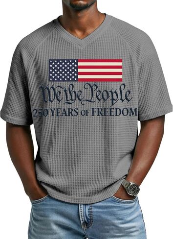 تي شيرت رجالي بعلم أمريكي برقبة على شكل حرف V مطبوع عليه We The People USA وأكمام قصيرة، M-3XL in Kuwait