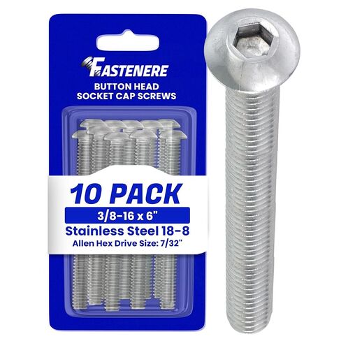 Fastenere Button Head Socket Cap Screws - 3/8-16 x 6 (10 Pack) Stainless Steel 18-8, Full Thread, Bright Plain Finish, Corrosion-Resistant, Machine Thread, Easy to Install w/Allen Socket Drive in Saudi Arabia