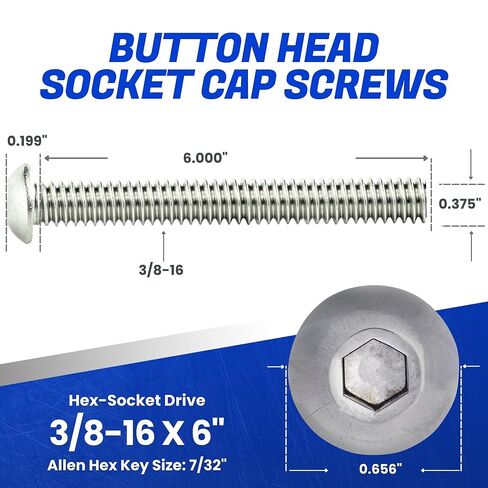 Fastenere Button Head Socket Cap Screws - 3/8-16 x 6 (10 Pack) Stainless Steel 18-8, Full Thread, Bright Plain Finish, Corrosion-Resistant, Machine Thread, Easy to Install w/Allen Socket Drive in Saudi Arabia
