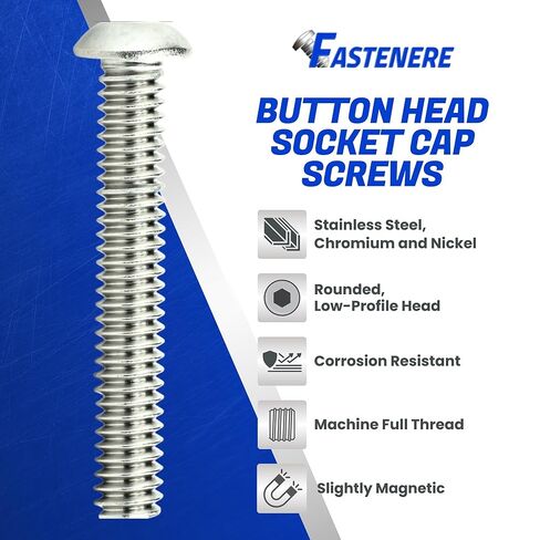 Fastenere Button Head Socket Cap Screws - 3/8-16 x 6 (10 Pack) Stainless Steel 18-8, Full Thread, Bright Plain Finish, Corrosion-Resistant, Machine Thread, Easy to Install w/Allen Socket Drive in Saudi Arabia