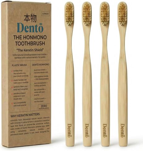 Dento 4-Pack Boar Bristle & Bamboo Toothbrushes - Premium Boar Bristles W/Keratin for Polish - Fully Biodegradable - Nylon & Plastic Free Toothbrush - Quick Dry Design in Saudi Arabia