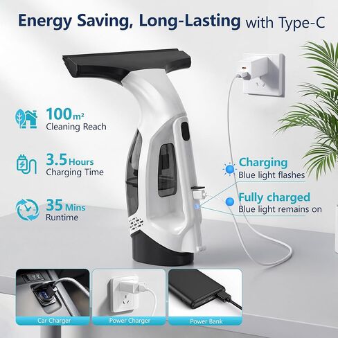 ممسحة مكنسة كهربائية للنافذة مع عمود قابل للتمديد 31-40 بوصة، أداة تنظيف النوافذ الكهربائية بقوة 2000 باسكال مع خزان مياه متسخ 2200 مللي أمبير و150 مل، ممسحة بمقبض طويل لزجاج الدش، وتنظيف النوافذ (أبيض) in Kuwait