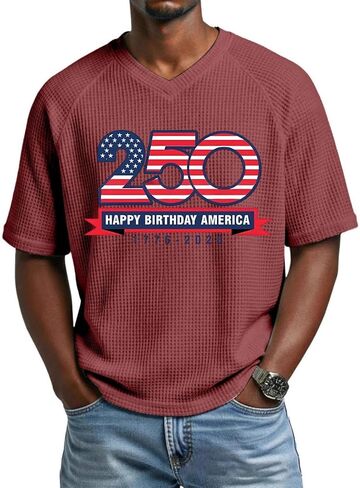 Men's Happy Birthday 250 Years Anniversary Casual Short Sleeve V-Neck Shirt Waffle Patriotic Tee, M-3XL in Saudi Arabia