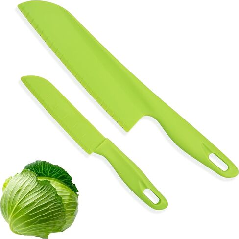 قطعتين من سكين الخس من أوجيجيجيو - سكاكين بلاستيكية مقاس 11.6 بوصة و8.7 بوصة، سكين بلاستيكي من النايلون للخضروات والفواكه والخبز والكعك والسلطة، لن تقطع يديك، أخضر in Kuwait