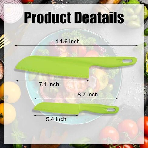 قطعتين من سكين الخس من أوجيجيجيو - سكاكين بلاستيكية مقاس 11.6 بوصة و8.7 بوصة، سكين بلاستيكي من النايلون للخضروات والفواكه والخبز والكعك والسلطة، لن تقطع يديك، أخضر in Kuwait
